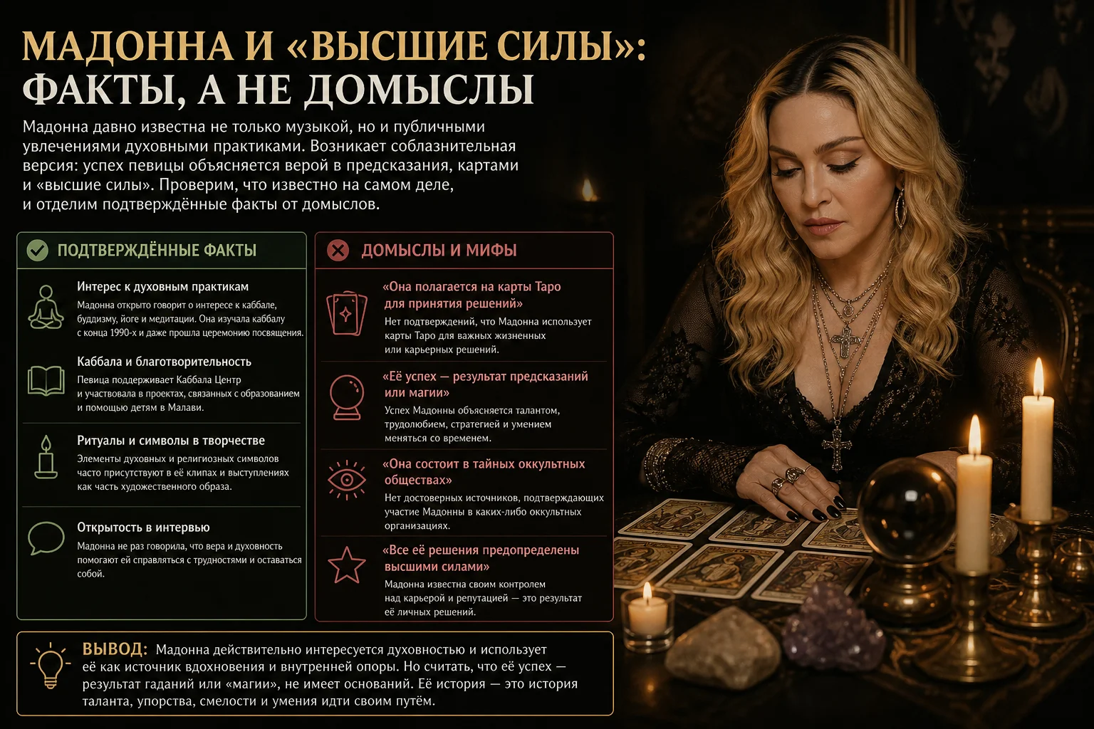 pМадонна давно известна не только музыкой, но и публичными увлечениями духовными практиками. Возникает соблазнительная версия: успех певицы объясняется верой в