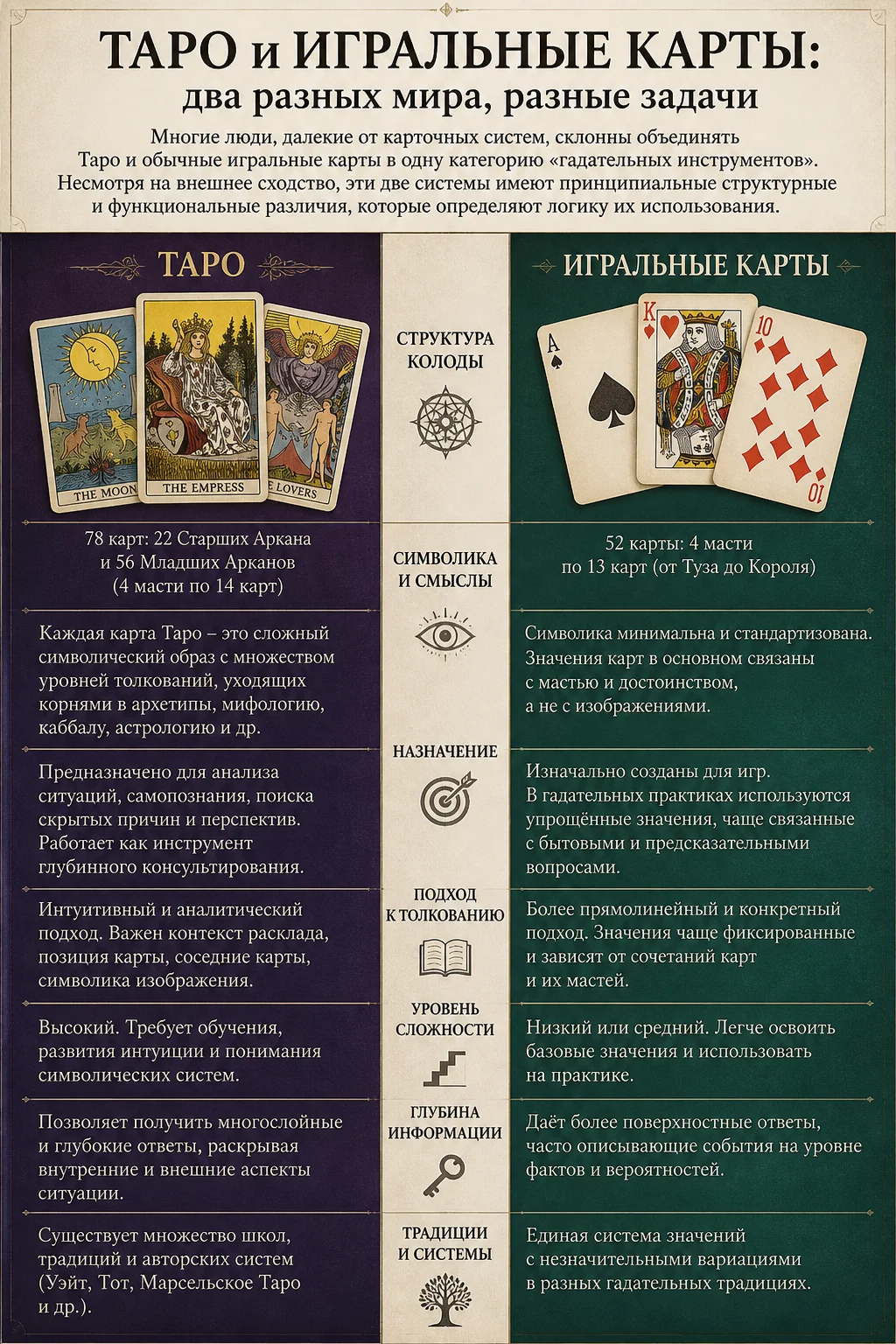 Многие люди, далекие от карточных систем, склонны объединять Таро и обычные игральные карты в одну категорию «гадательных инструментов». Несмотря на внешнее схо